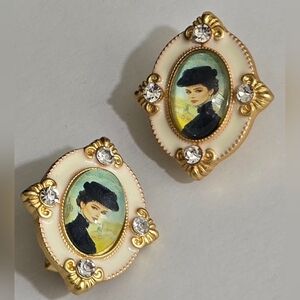 French Vintage-Inspired Oval Gold Tone Frame Cameo Earrings